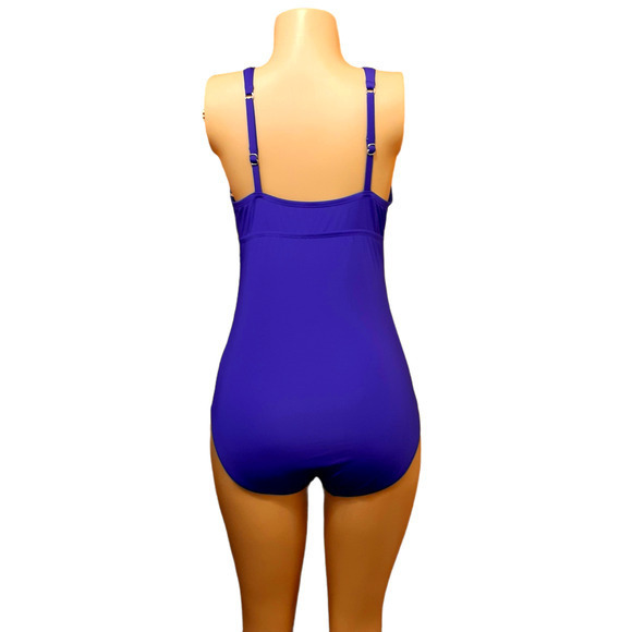 NEW $92 JANTZEN One Piece Swimsuit Size 8 High Neck Ruched Tummy‎ Control Blue - Picture 2 of 8